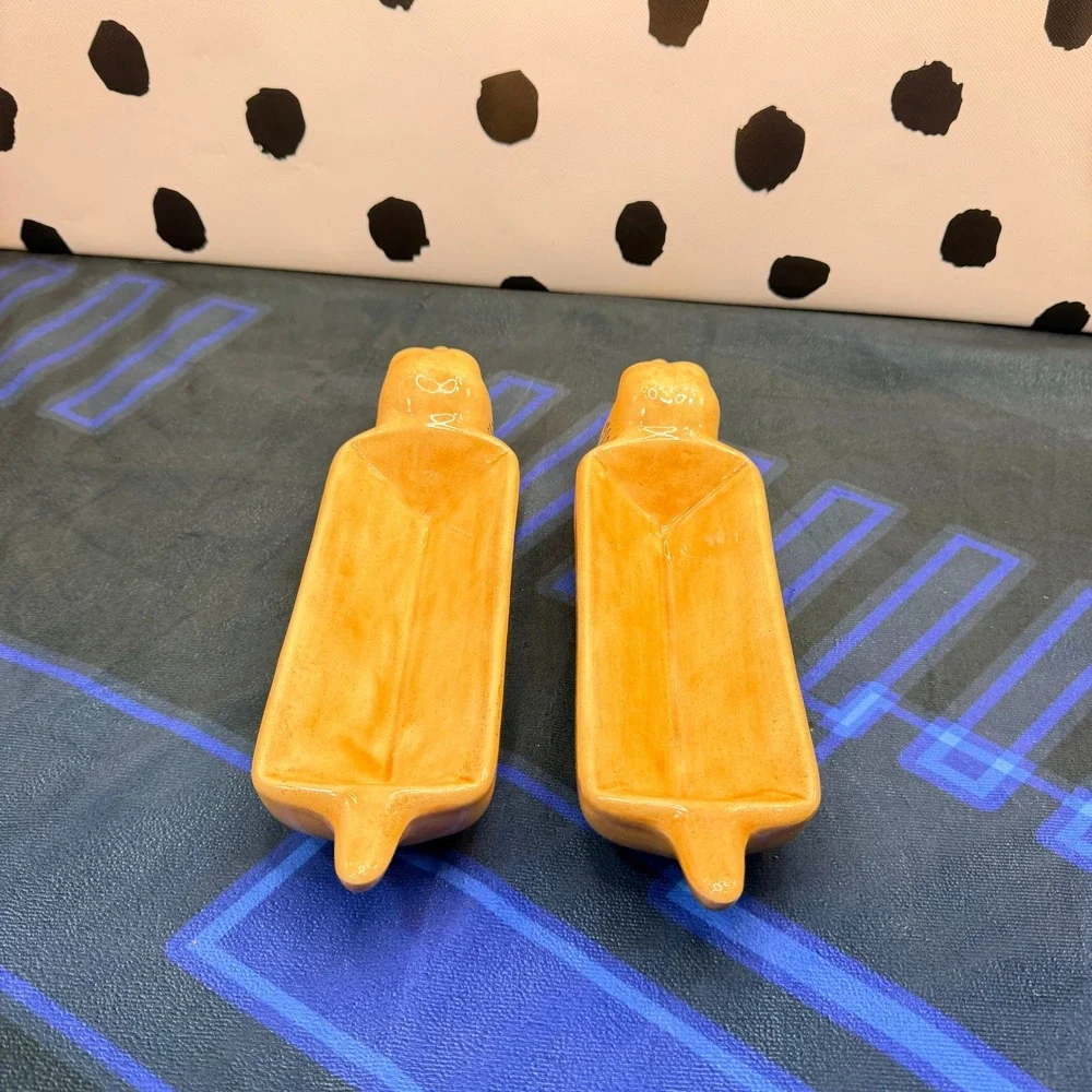 VTG Mid Century Ceramic Dachshund Corn Cob Holders Pair Yellow Wiener Dog Trays